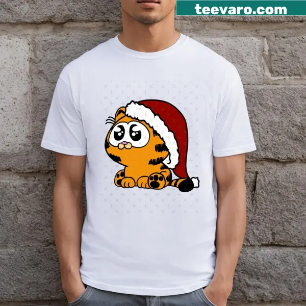 Cartoon Garfield in Christmas attire on a kid's t-shirt