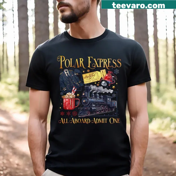Cartoon train heading to the North Pole on a Christmas t-shirt