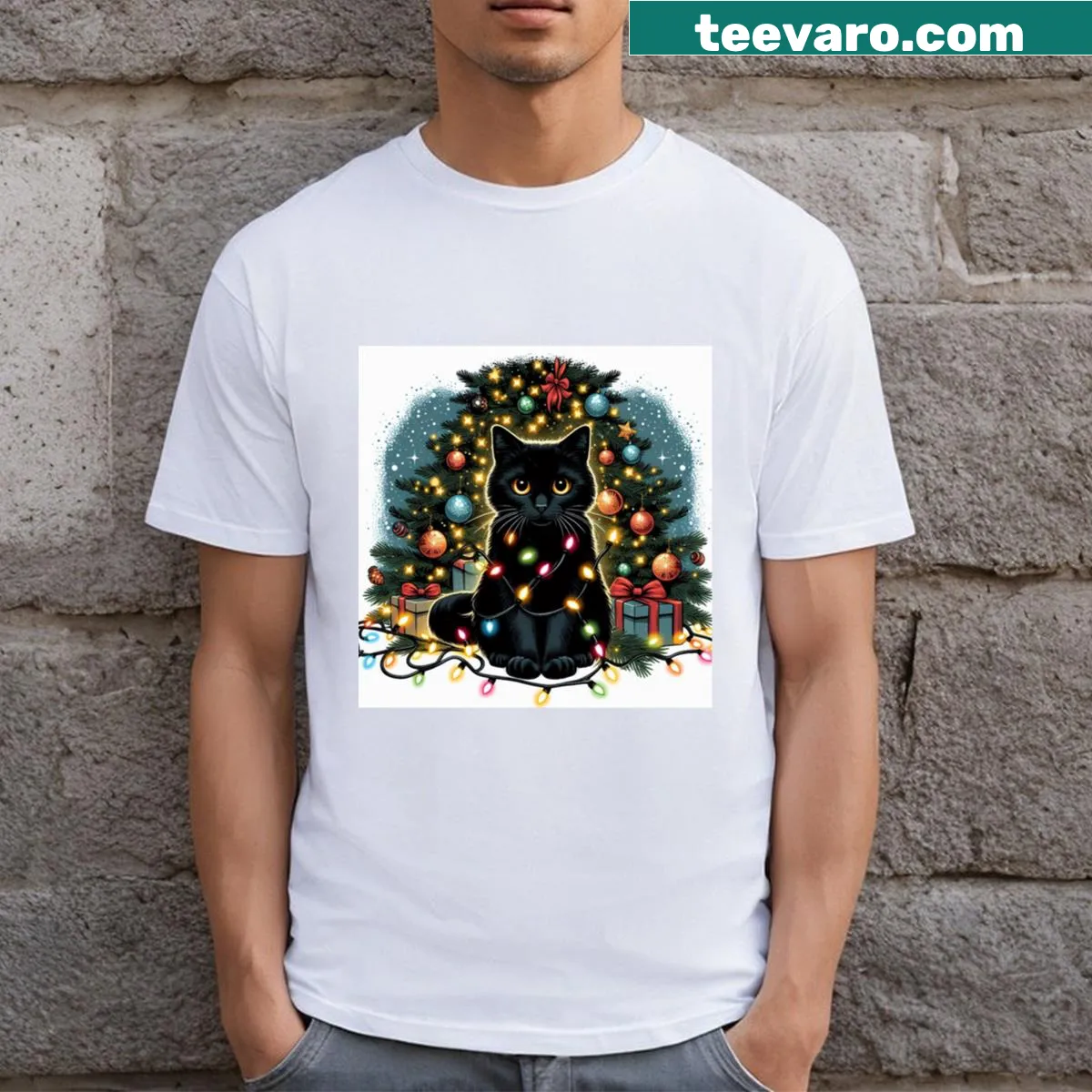 Charming black cat illustration on a playful t-shirt — on a men's t-shirt