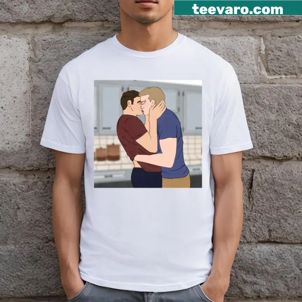 T-shirt featuring a couple's first kiss in a kitchen setting