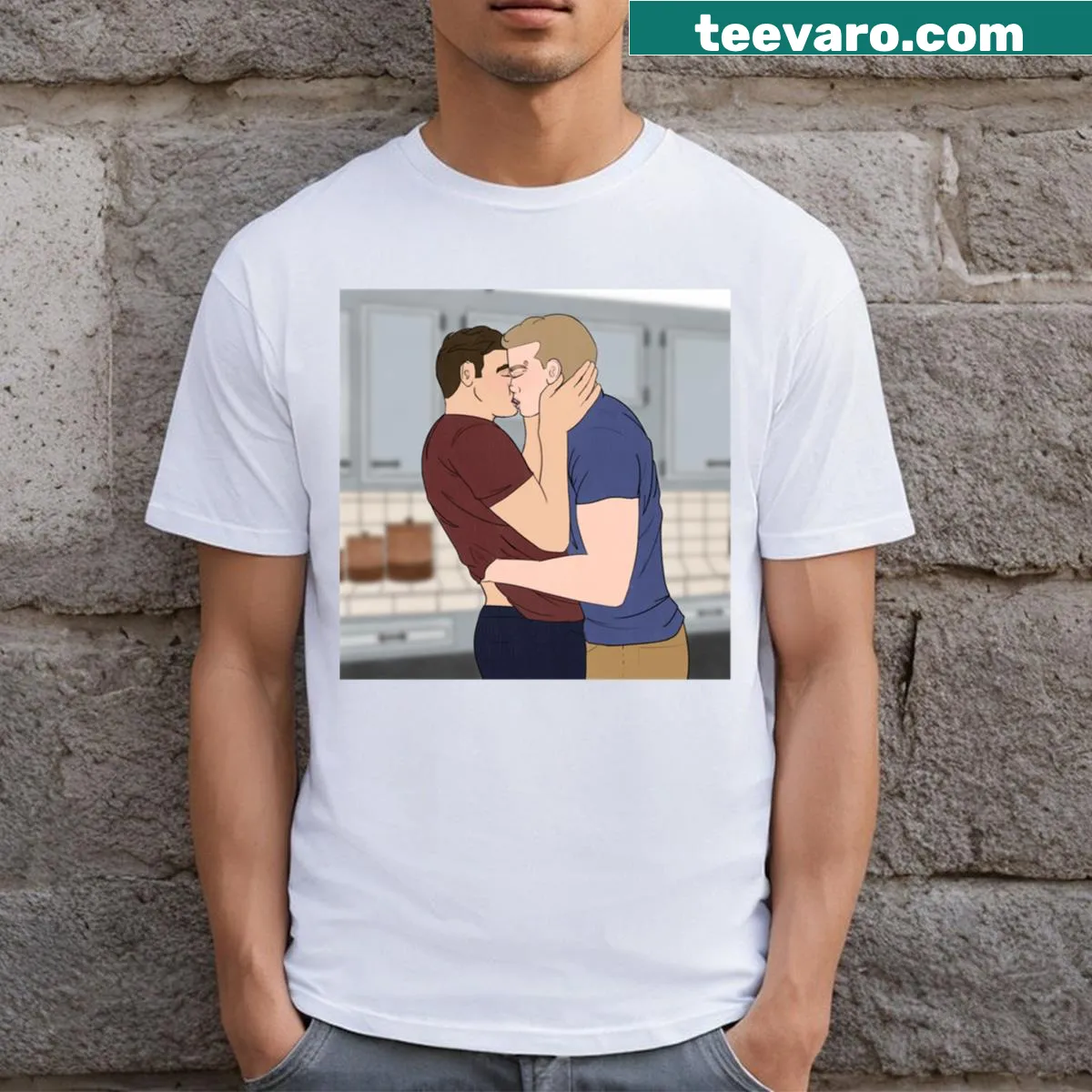 T-shirt featuring a couple's first kiss in a kitchen setting — on a men's t-shirt