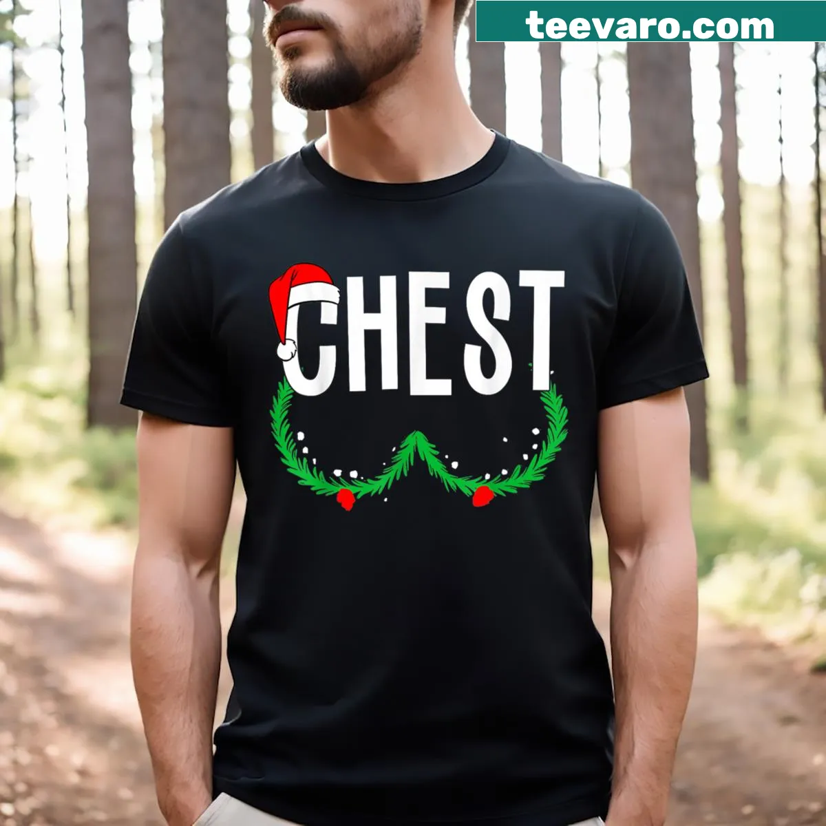 Funny Christmas couples t-shirt with chestnuts graphic. — on a men's t-shirt