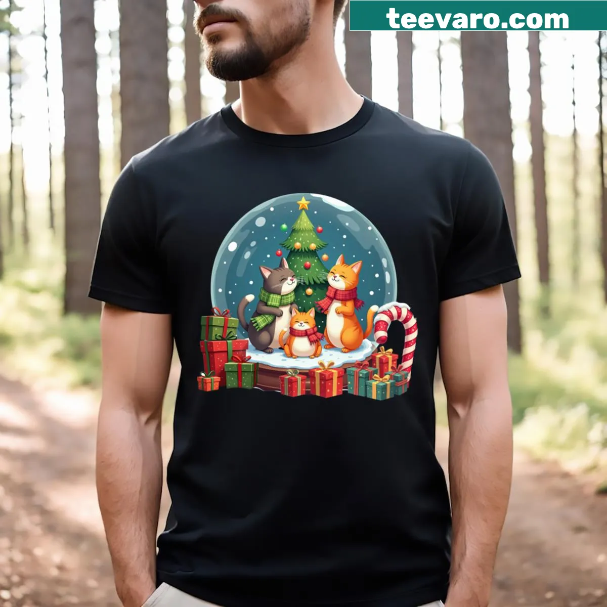 Whimsical snow globe design featuring a cat and presents — on a men's t-shirt