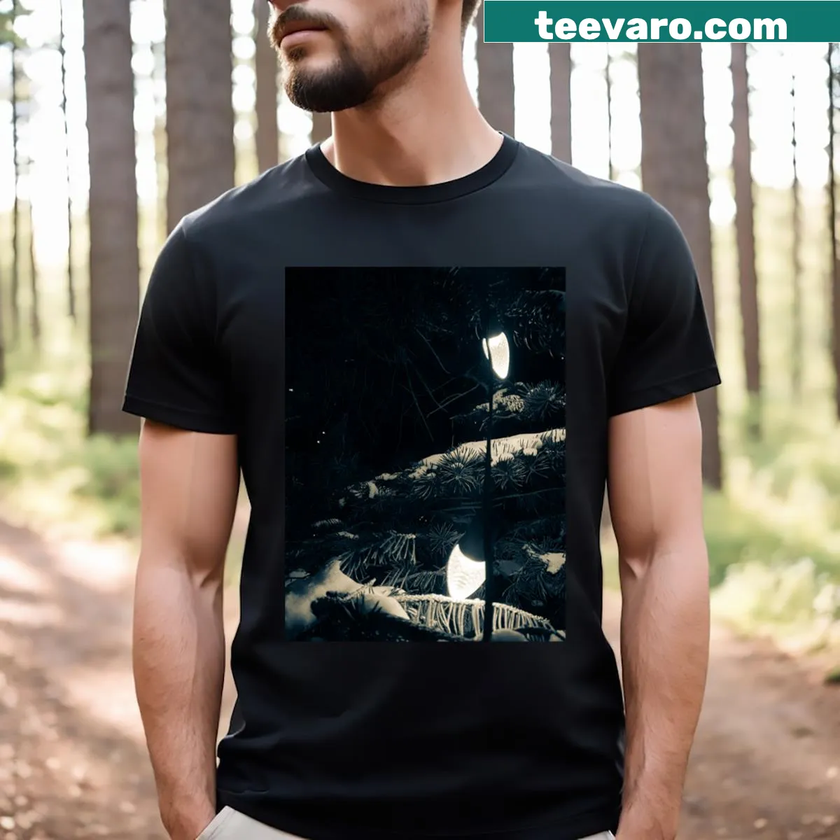 Illustrated Christmas t-shirt with tree lights design — on a men's t-shirt