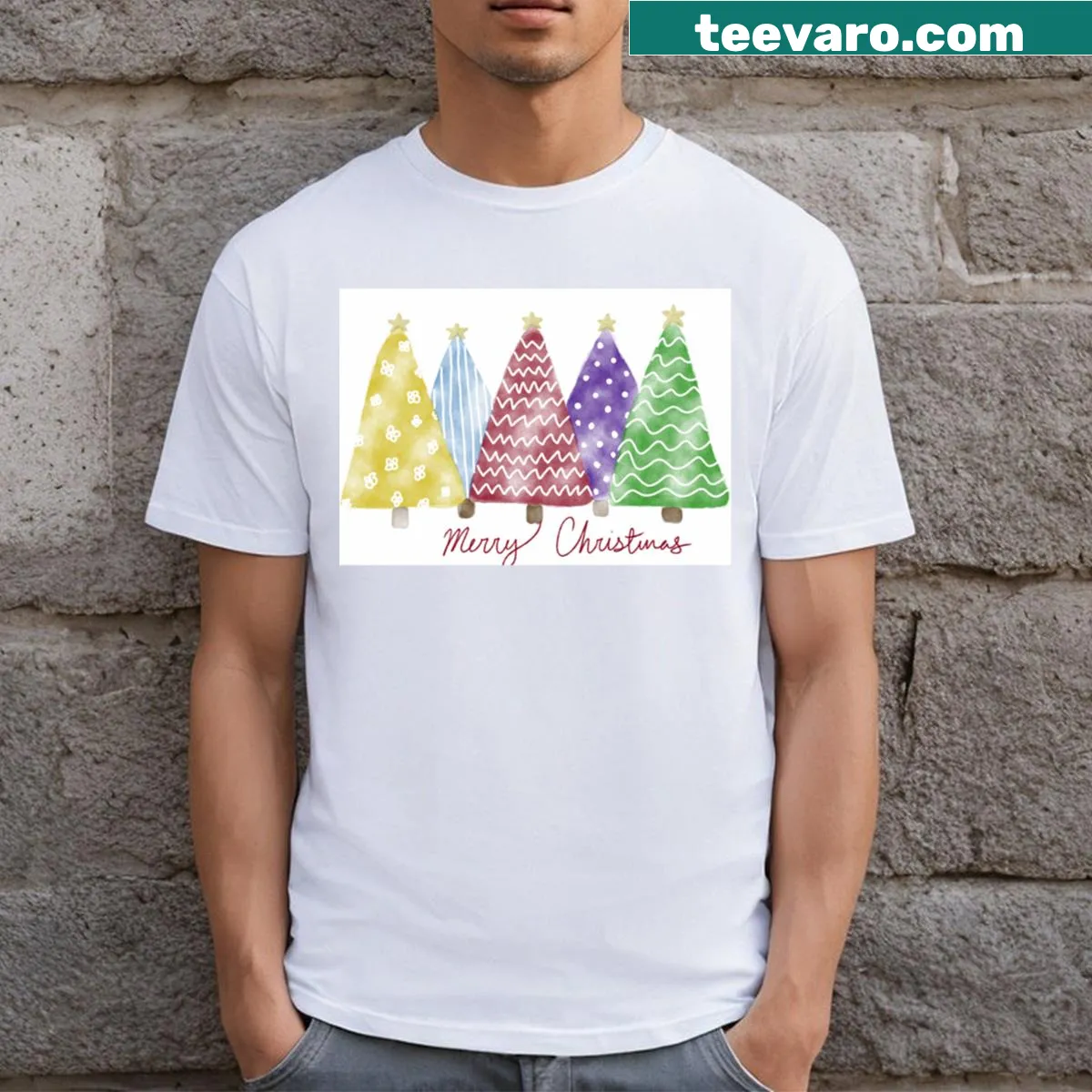 Heartwarming Christmas t-shirt featuring festive tree designs — on a men's t-shirt