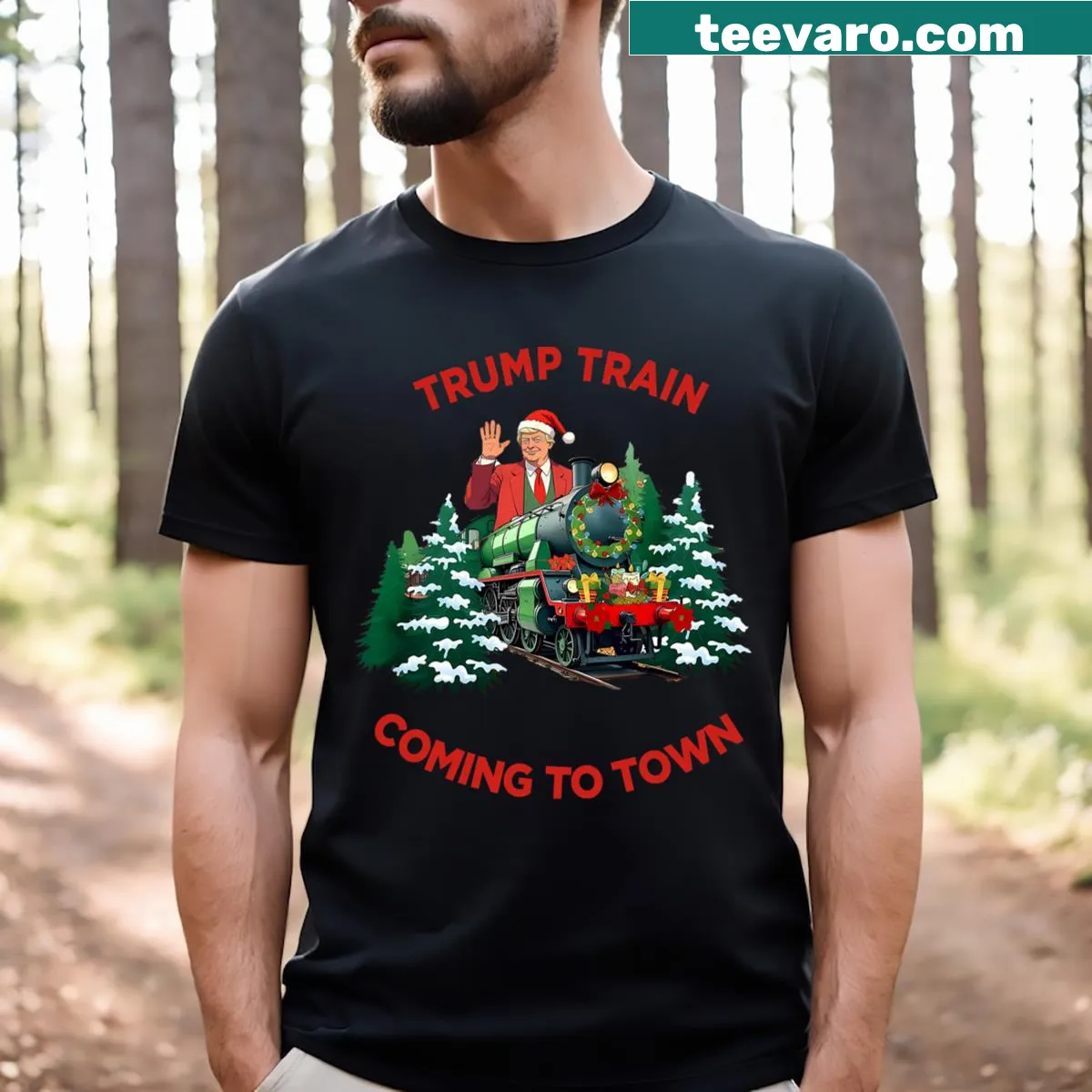 Santa Trump graphic T-shirt with humorous Christmas theme — on a men's t-shirt