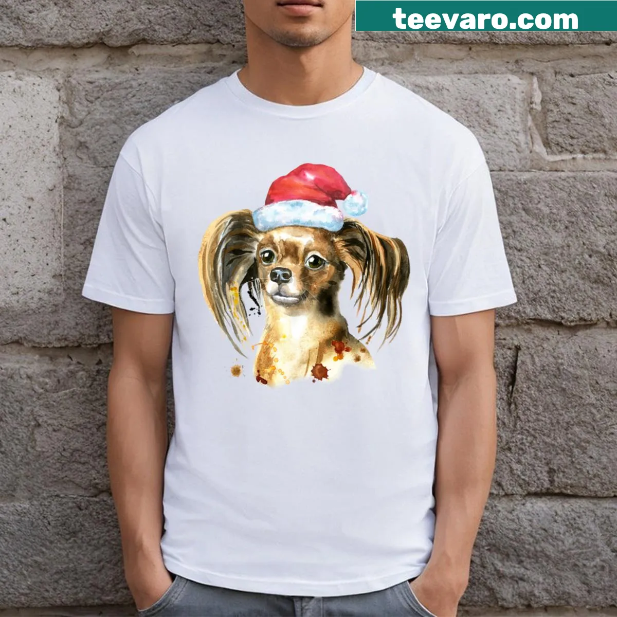Illustrated T-shirt with a cute puppy and Christmas decorations — on a men's t-shirt