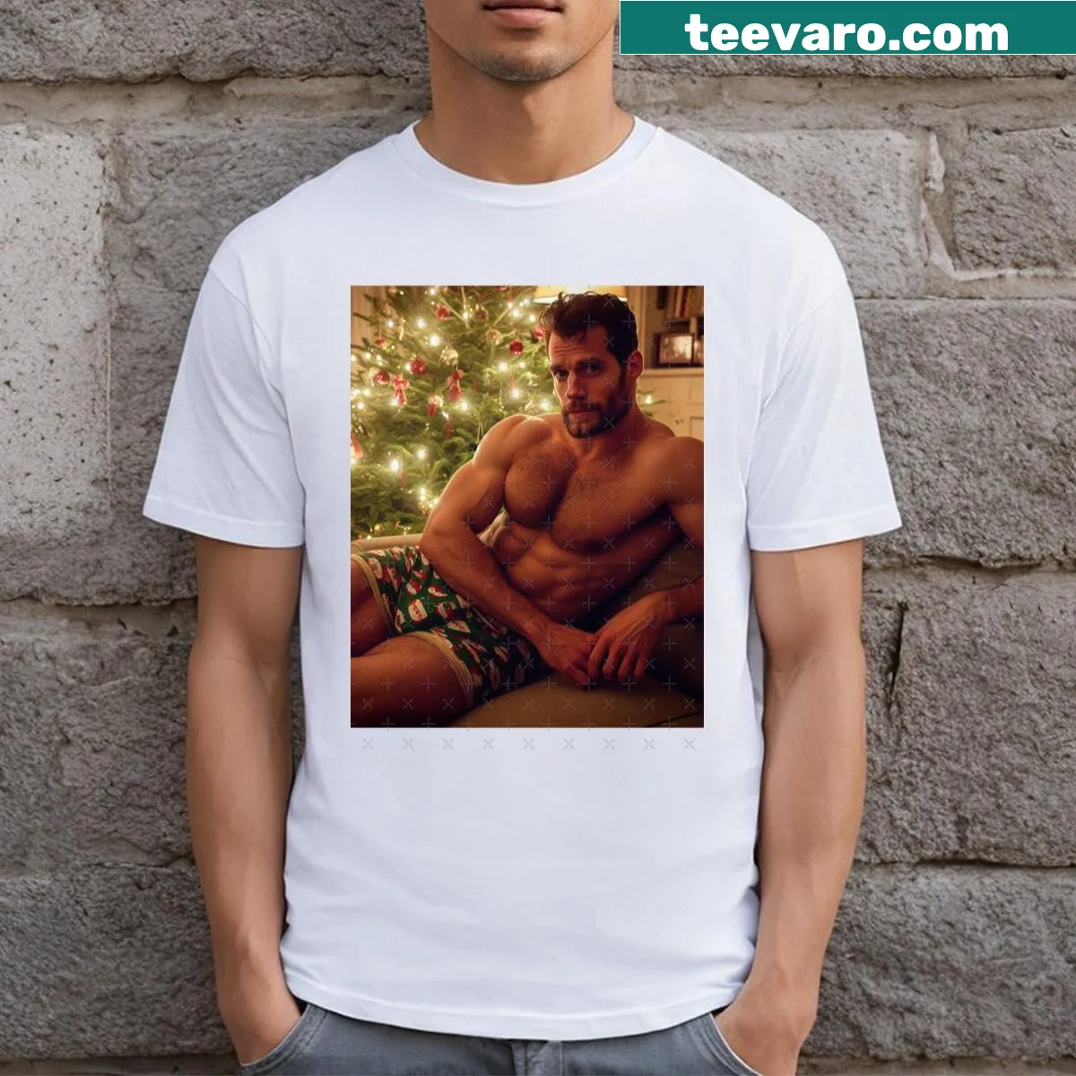 Playful Christmas T-shirt featuring a design inspired by Henry Cavill — on a men's t-shirt