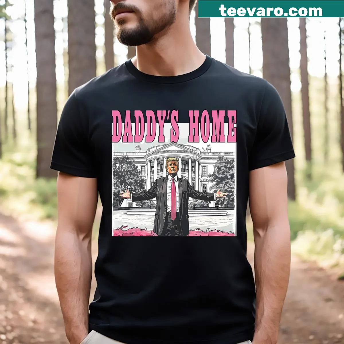 Graphic T-shirt with bold text saying 'Daddy's Home' — on a men's t-shirt