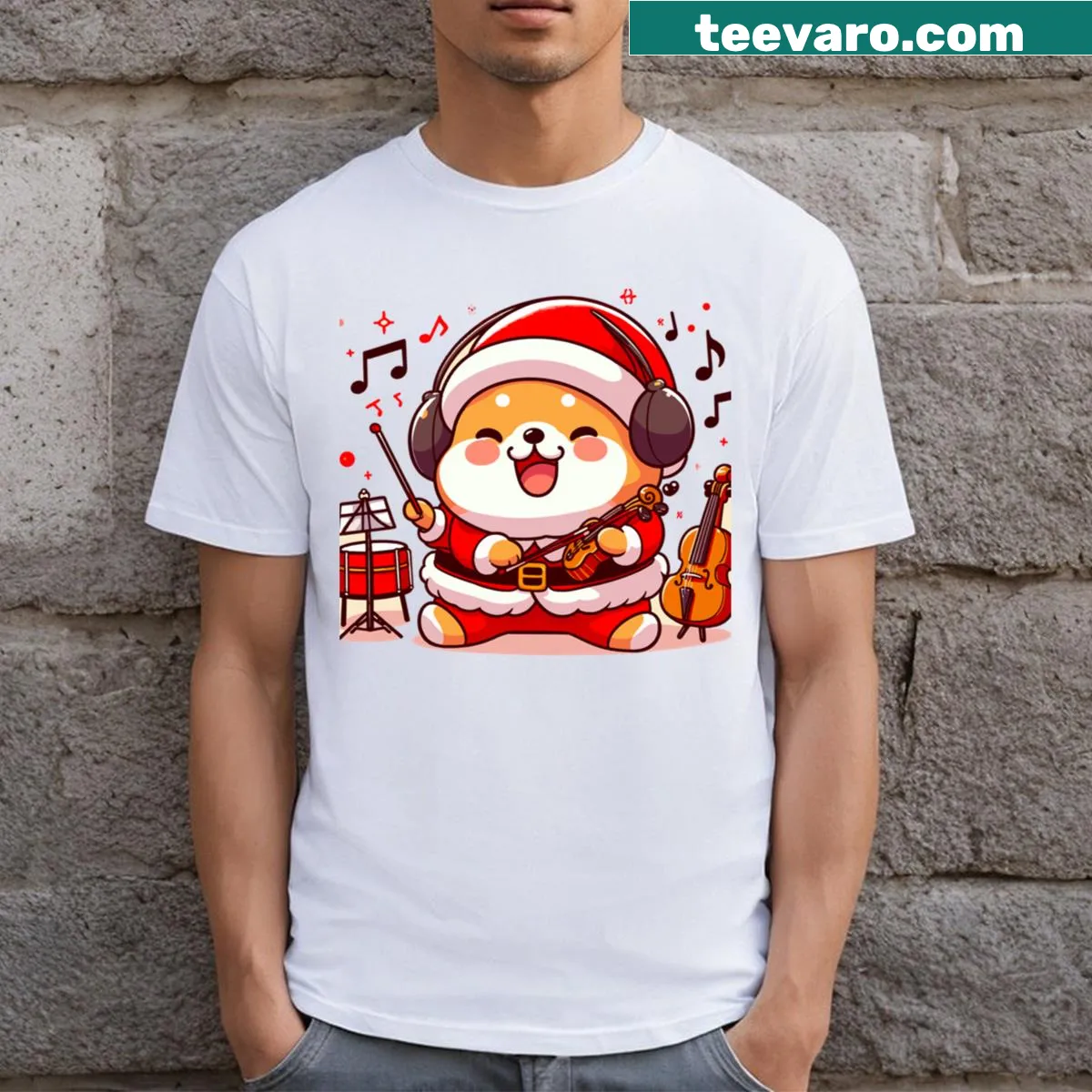 Cute cartoon tee featuring a dog enjoying music — on a men's t-shirt