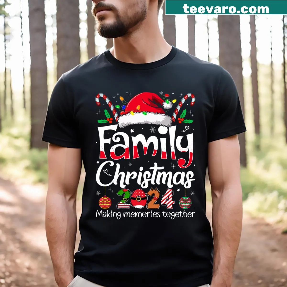Matching Christmas t-shirt featuring Santa for family gatherings — on a men's t-shirt