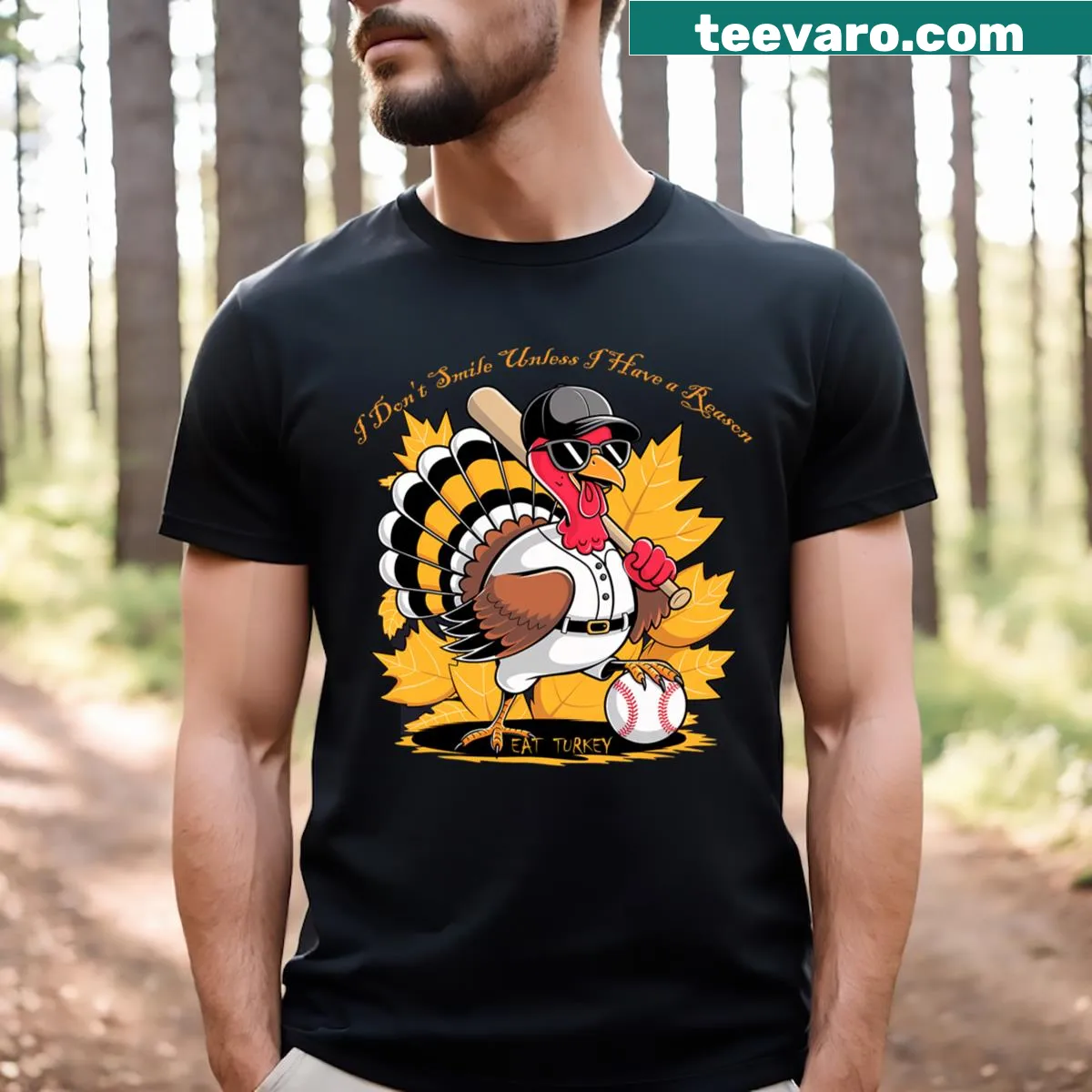 Funny Thanksgiving T-shirt with baseball and turkey design — on a men's t-shirt