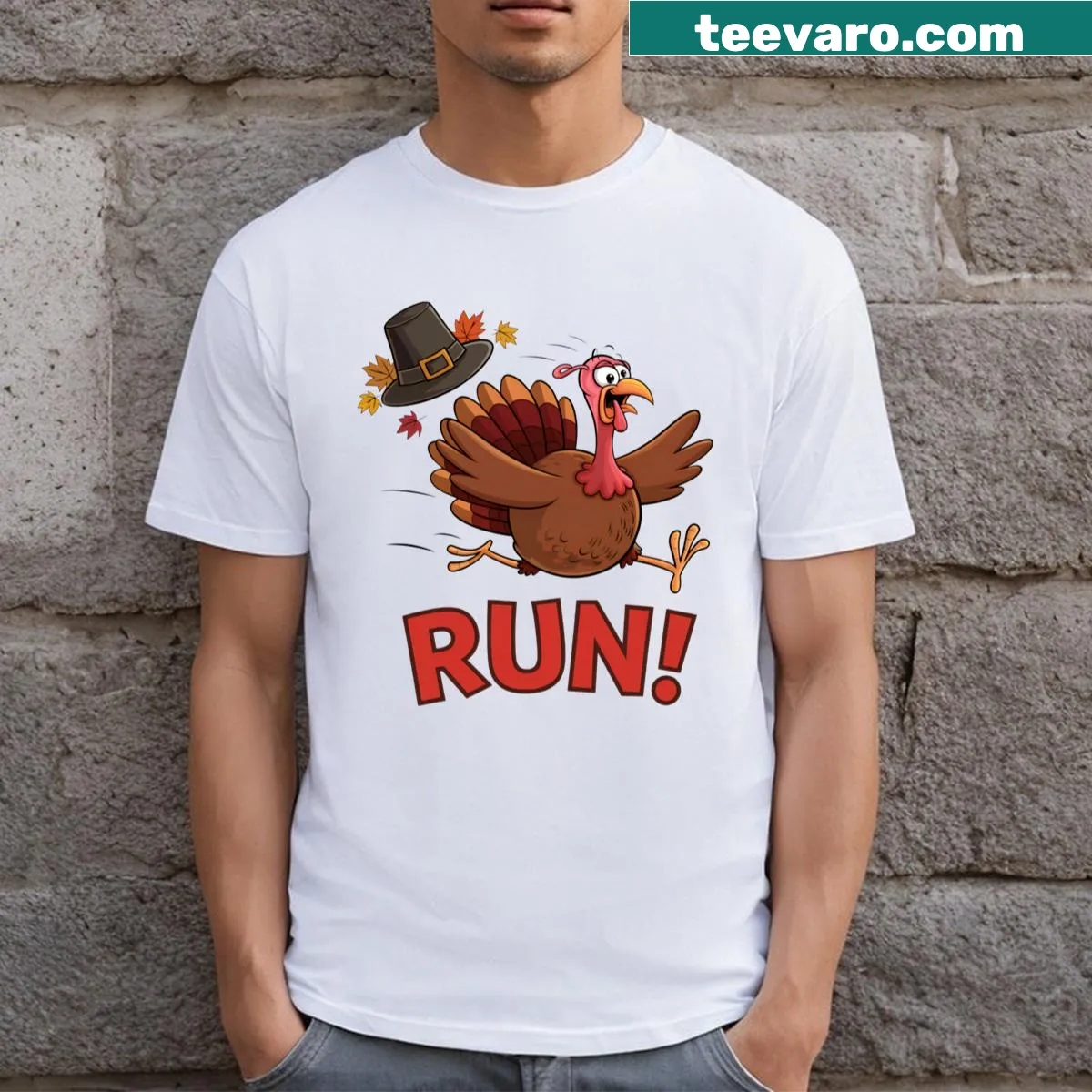 Thanksgiving T-shirt with humorous 'Run Turkey Run' text — on a men's t-shirt