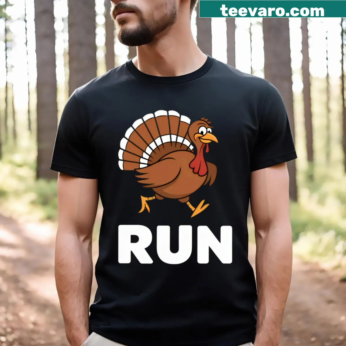 Cartoon turkey running in a costume on a T-shirt. — on a men's t-shirt