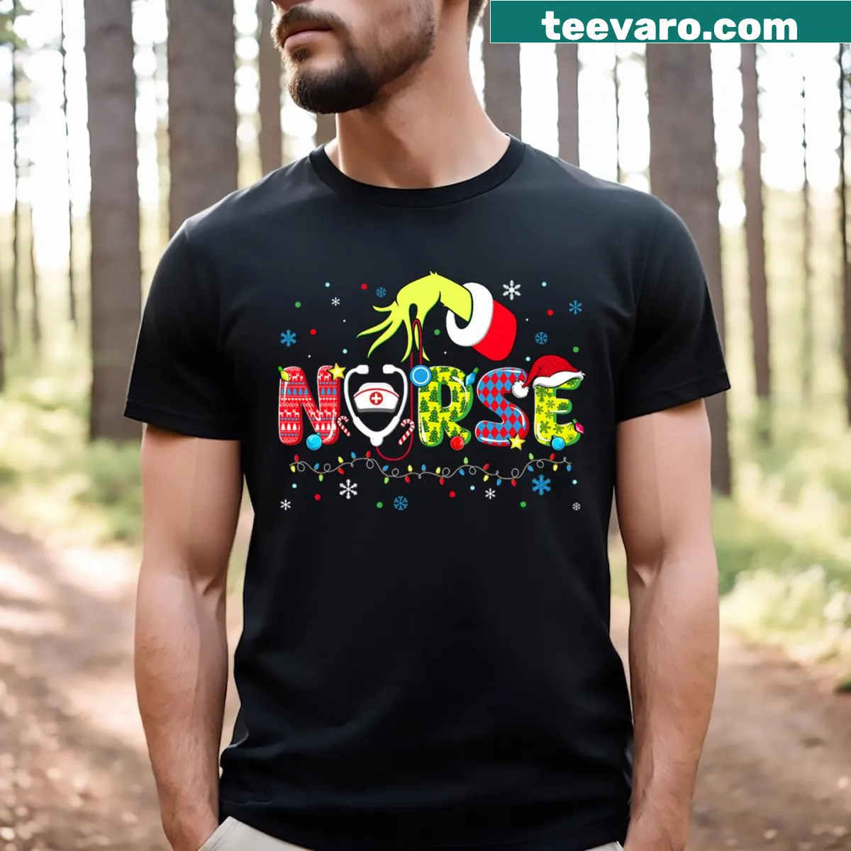 Playful Christmas-themed nurse graphic T-shirt — on a men's t-shirt