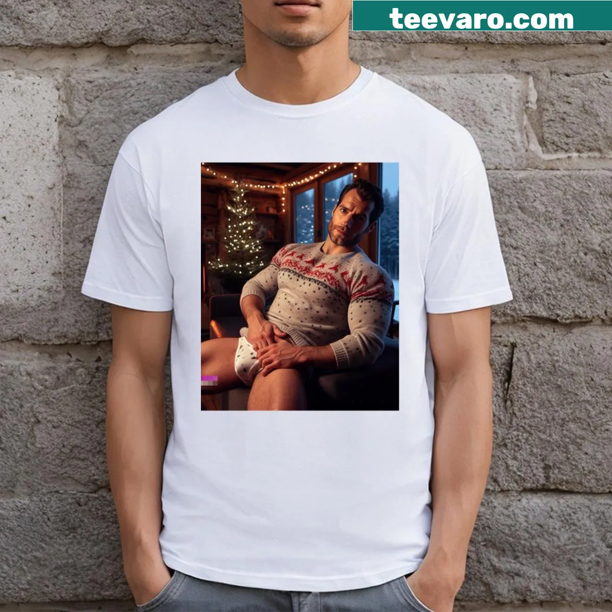 Whimsical holiday-themed t-shirt inspired by Henry Cavill — on a men's t-shirt