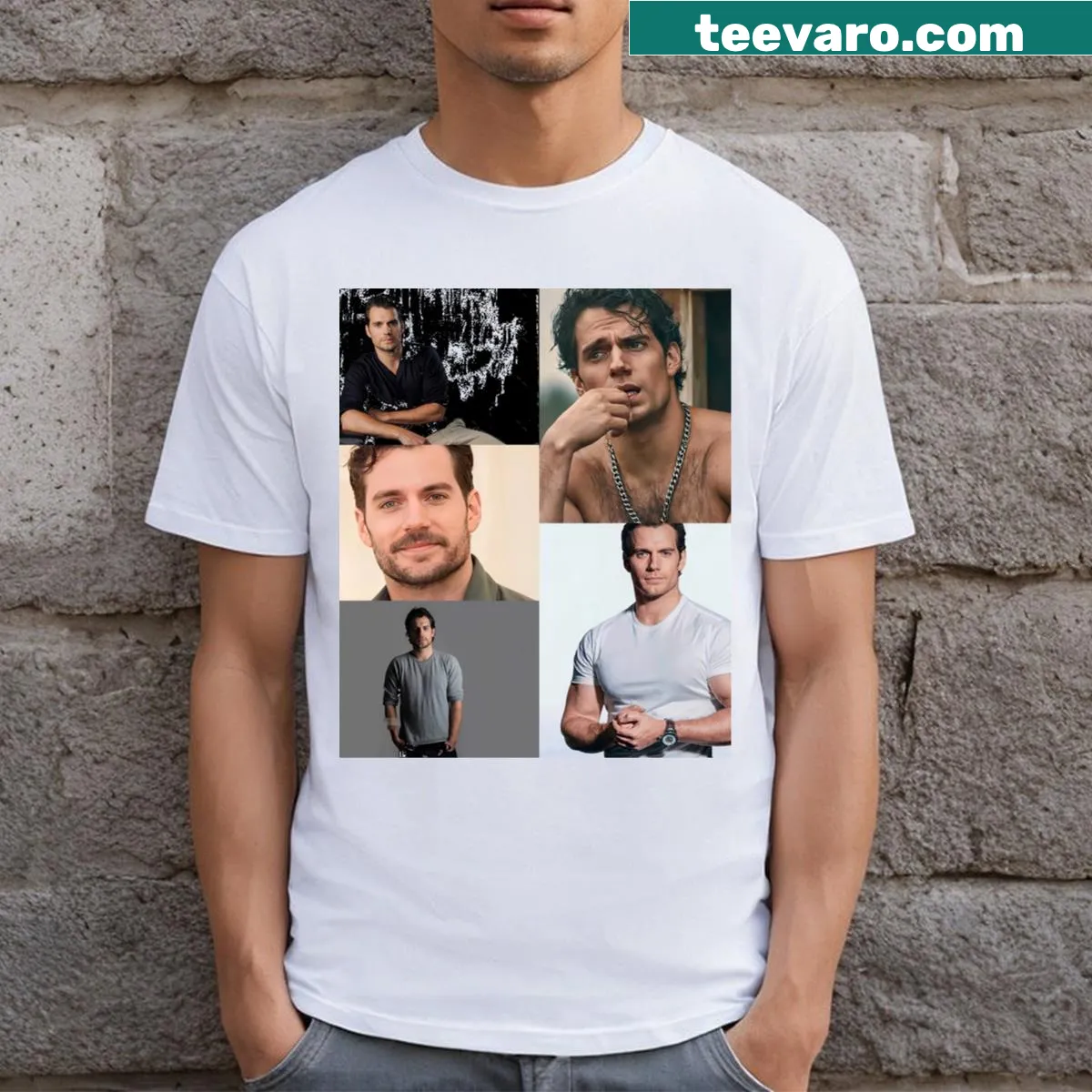 Collage of Henry Cavill's iconic roles on a T-shirt. — on a men's t-shirt