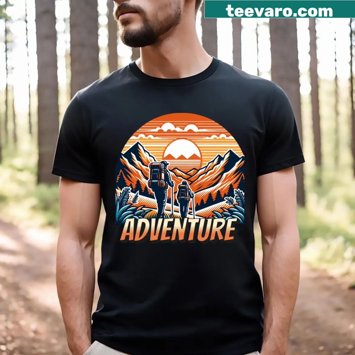 Graphic T-shirt featuring trees and mountains for camping enthusiasts — on a men's t-shirt