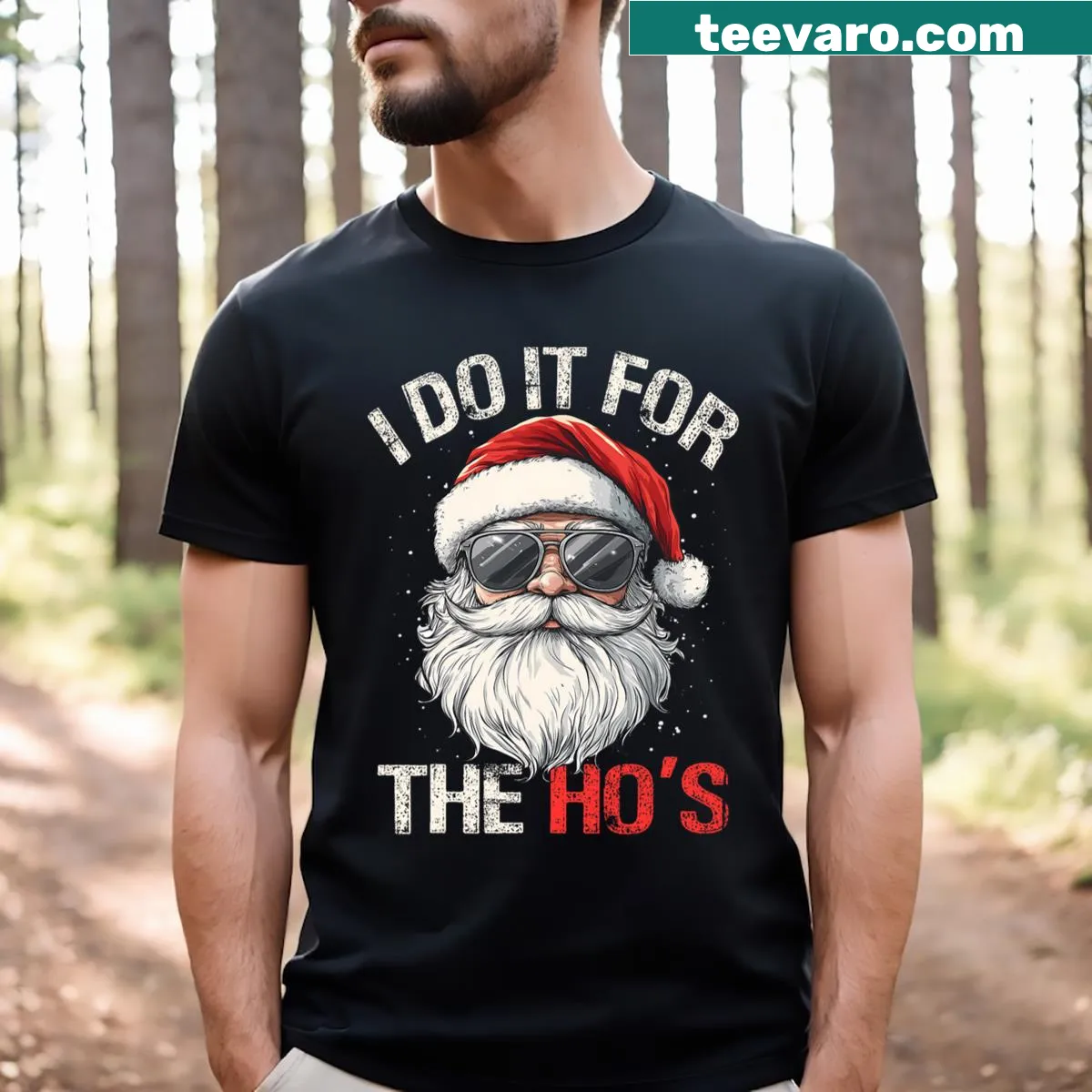 Funny Christmas T-shirt with Santa and humorous text for moms — on a men's t-shirt