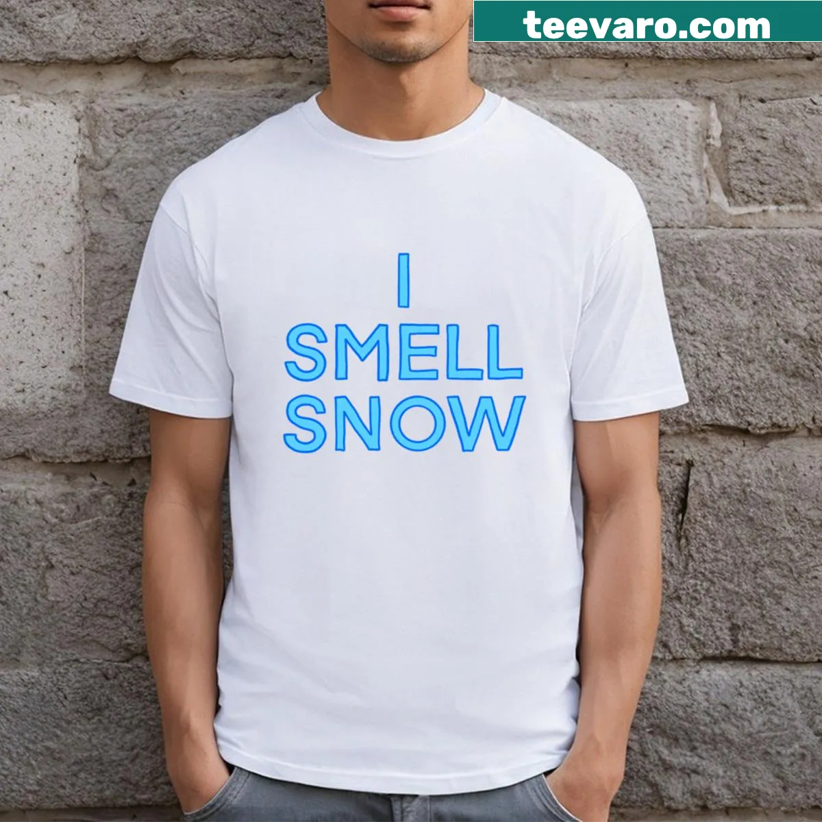 I Smell Snow t-shirt featuring text about the anticipation of snow — on a men's t-shirt