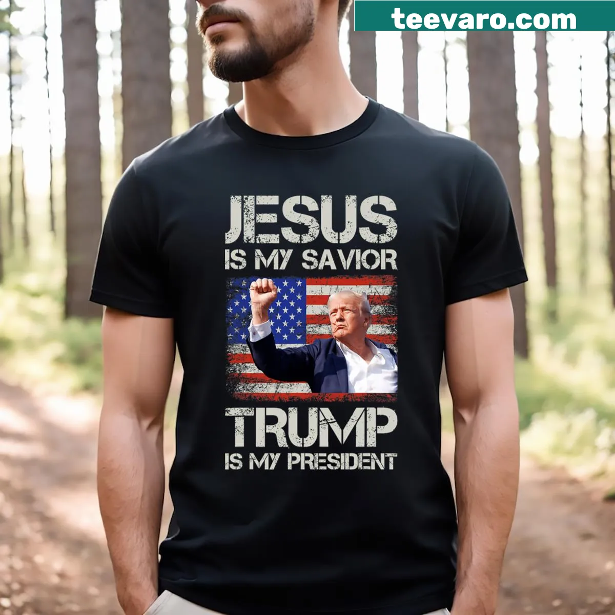 T-shirt with text 'Jesus Is My Savior Trump Is My President' and American flag design — on a men's t-shirt