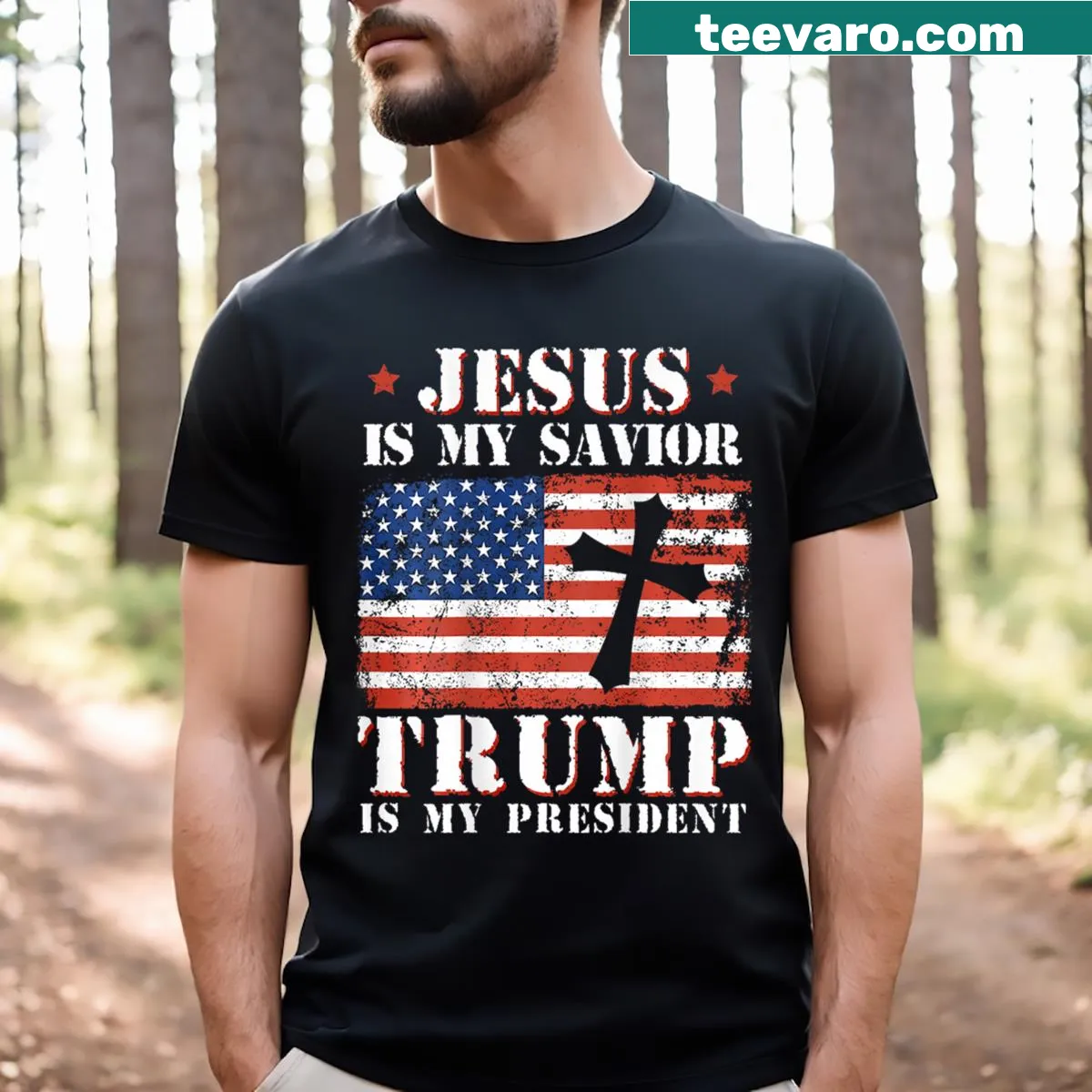 Jesus Is My Savior Trump My President shirt with US flag design — on a men's t-shirt