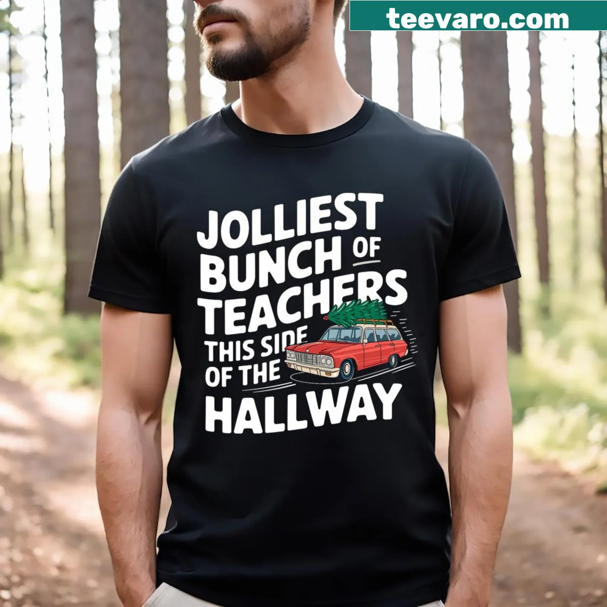 Jolliest Bunch Of Teachers T-shirt with festive design — on a men's t-shirt