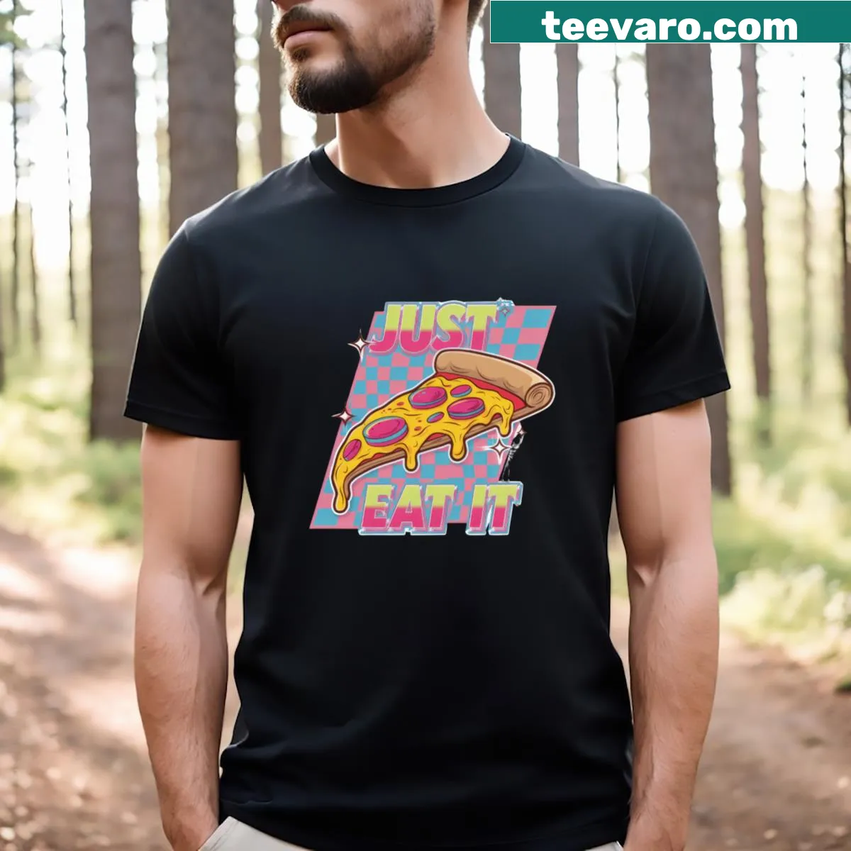 T-shirt featuring the phrase 'Just Eat It' with a fun pizza graphic. — on a men's t-shirt