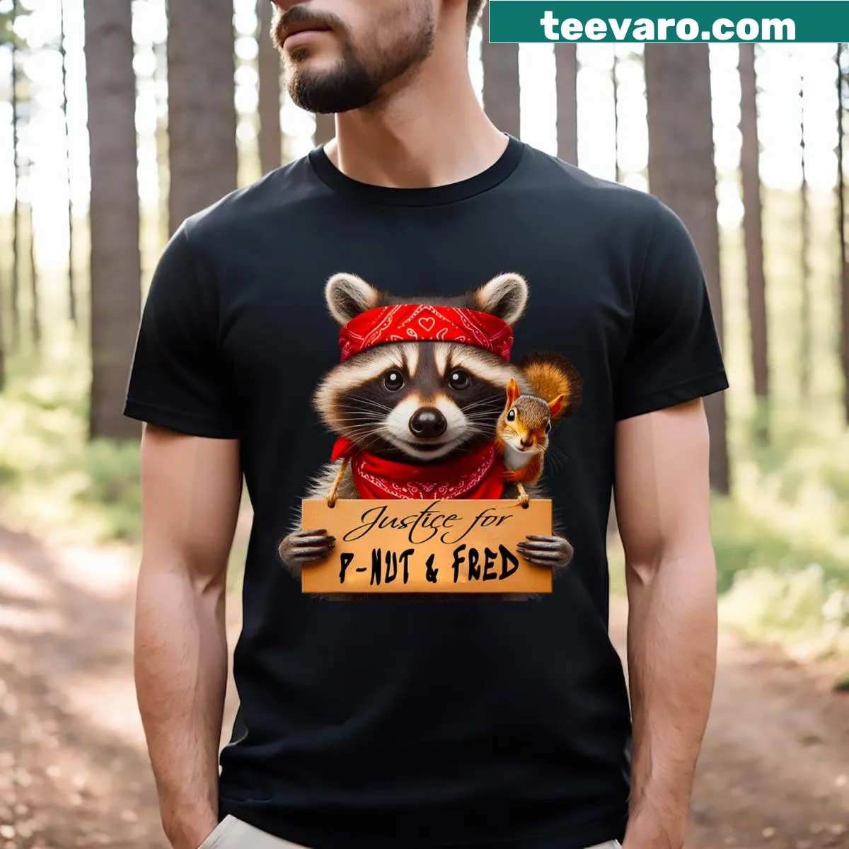 Animal rights themed t-shirt featuring Peanut the Squirrel and Fred the Raccoon — on a men's t-shirt