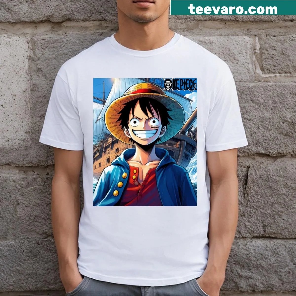 T-shirt featuring an adventurous illustration of Luffy from anime — on a men's t-shirt