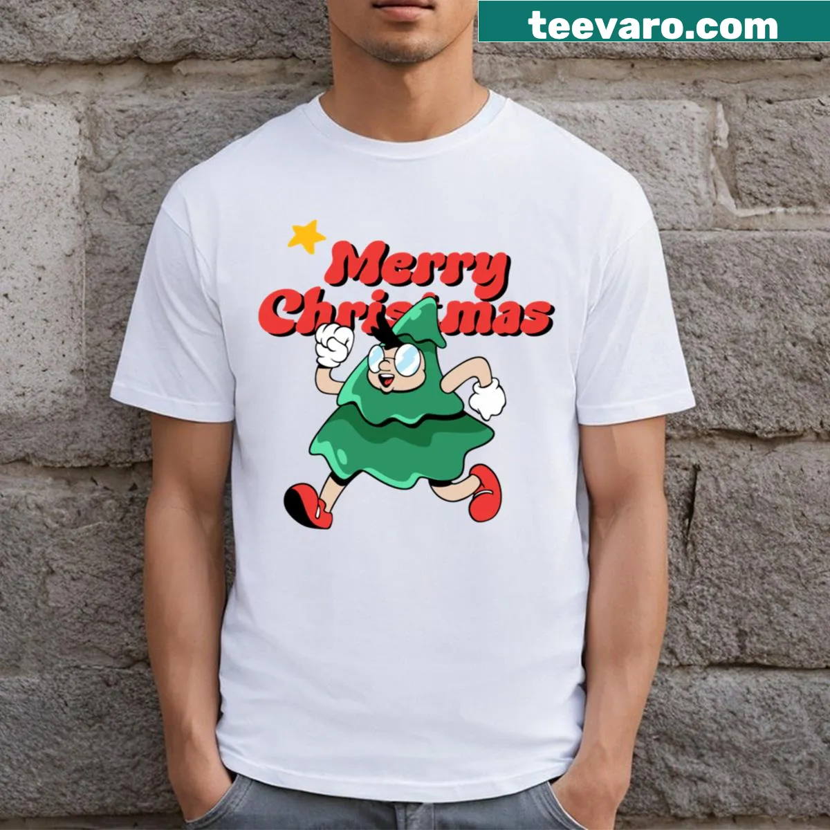 Whimsical T-shirt with a man inside a Christmas tree illustration — on a men's t-shirt