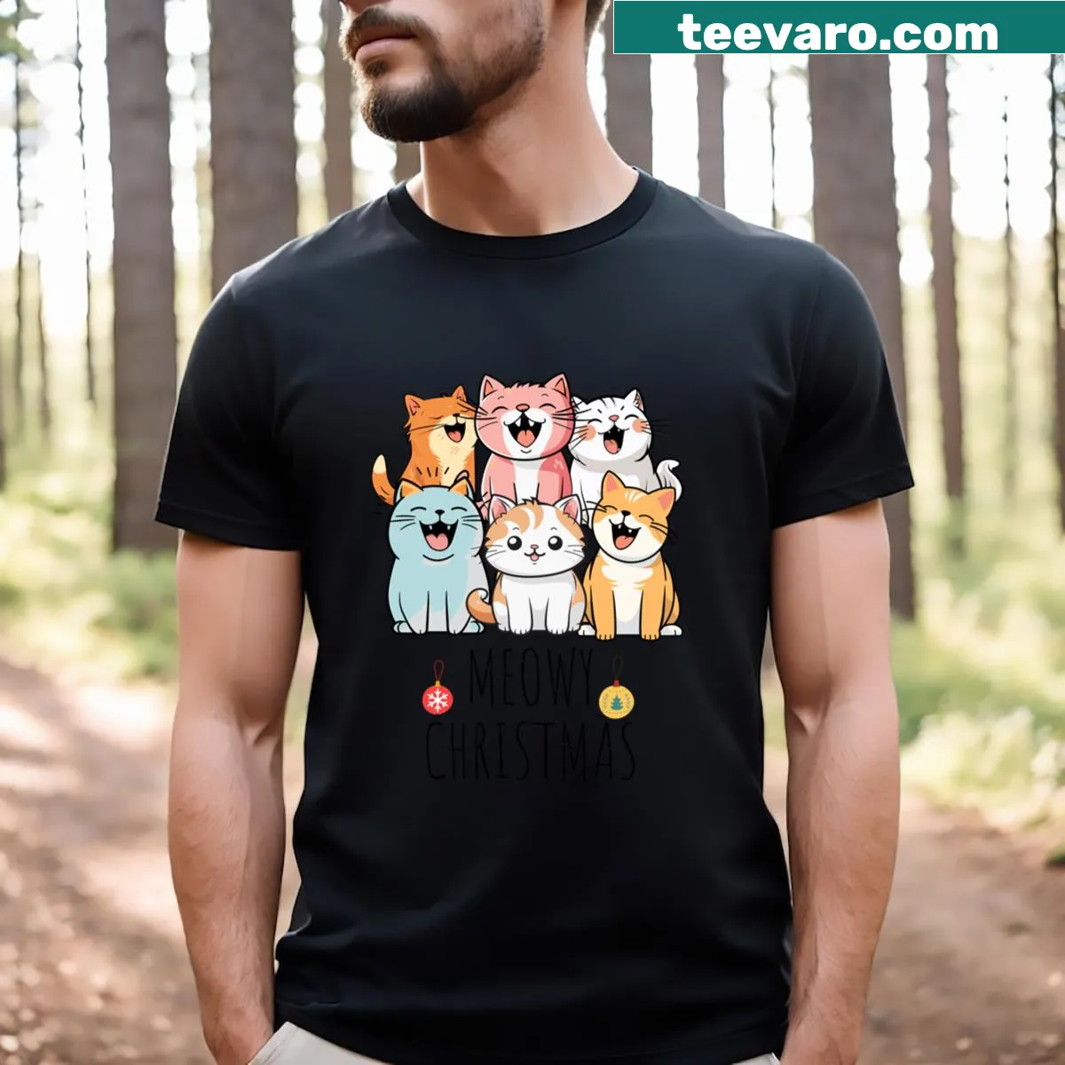Cute T-shirt with 'Meowy Christmas' text and cat illustrations — on a men's t-shirt