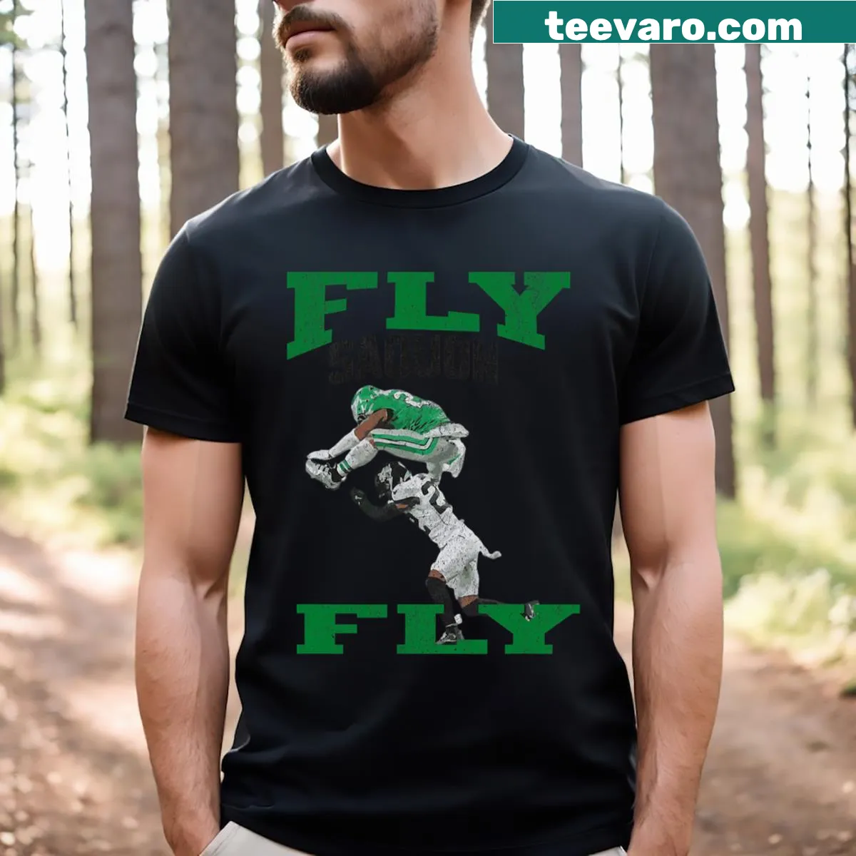 Football T-shirt saying 'No Look Reverse Hurdle Fly Saquon Fly' — on a men's t-shirt