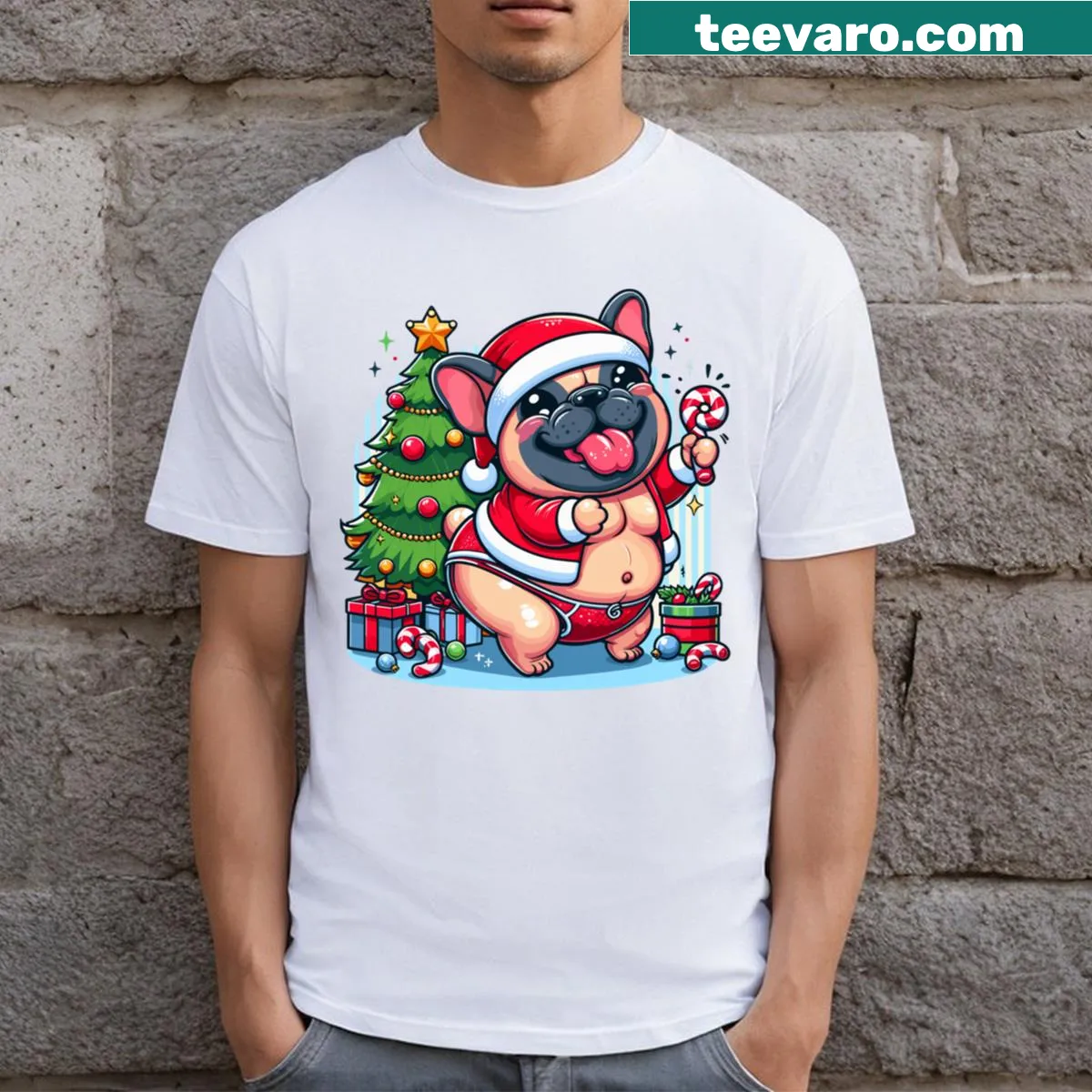 Charming T-shirt featuring a happy bulldog with candy — on a men's t-shirt