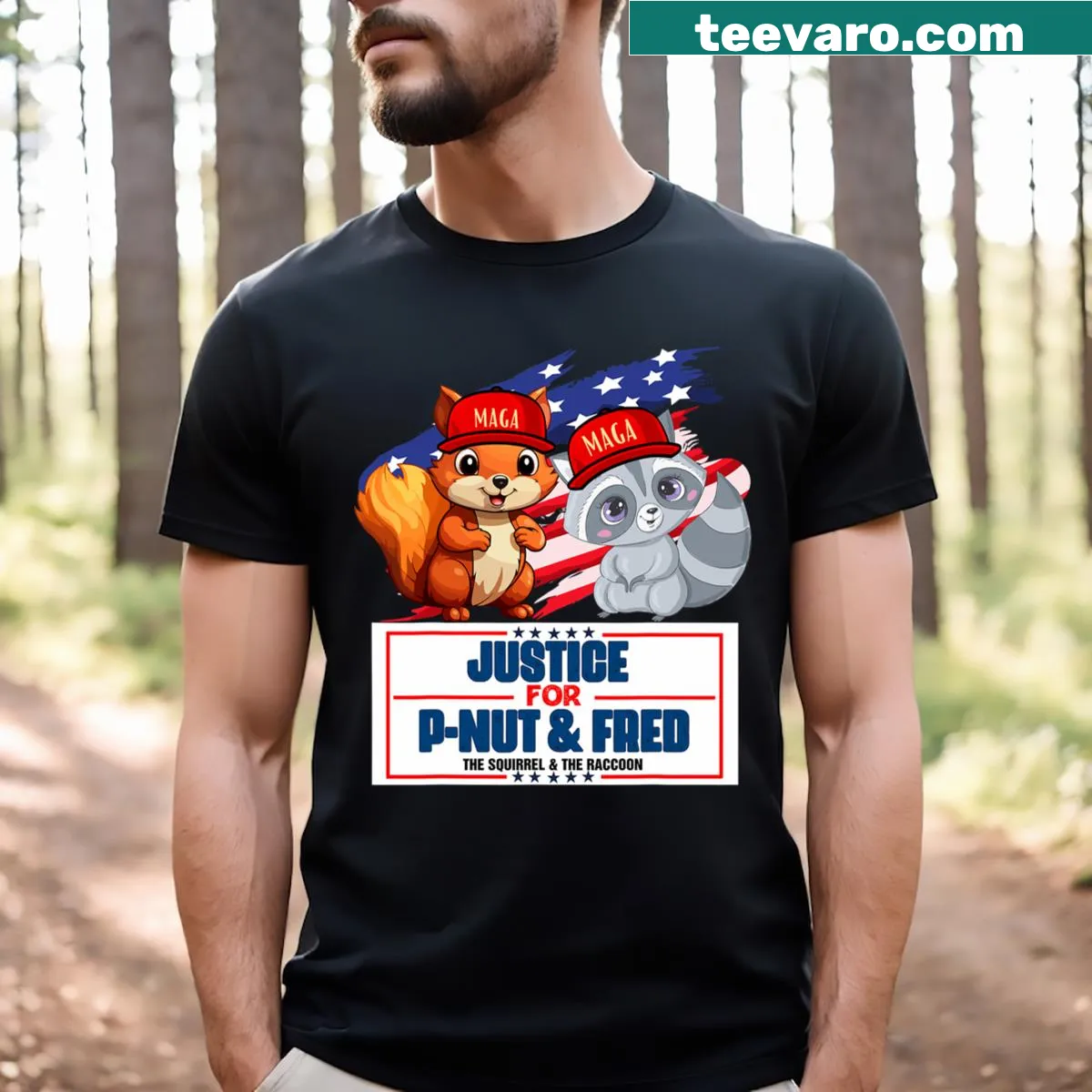 Humorous squirrel graphic demanding justice for Racoon Fred — on a men's t-shirt