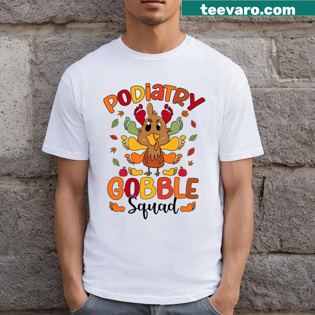 Funny Thanksgiving shirt with turkey design and 'Gobble Squad' text — on a men's t-shirt
