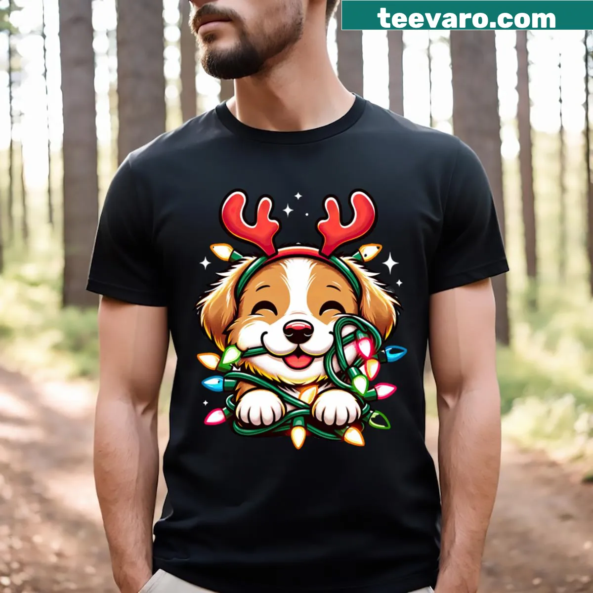 Cute puppy graphic t-shirt with festive decorations. — on a men's t-shirt