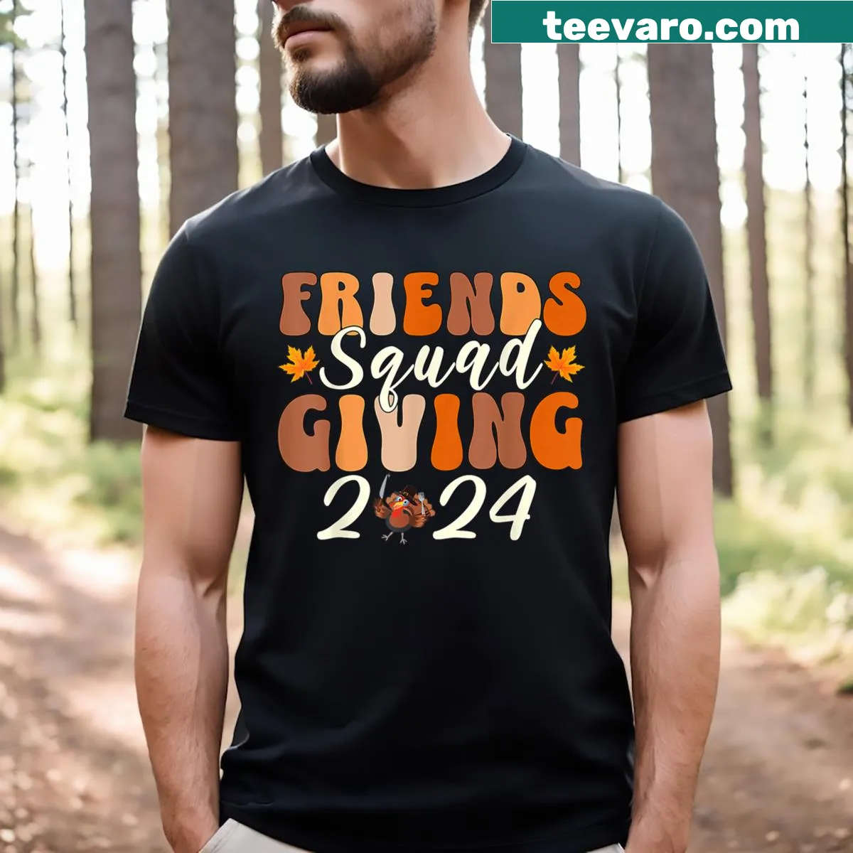 Retro Friendsgiving graphic t-shirt with festive typography. — on a men's t-shirt