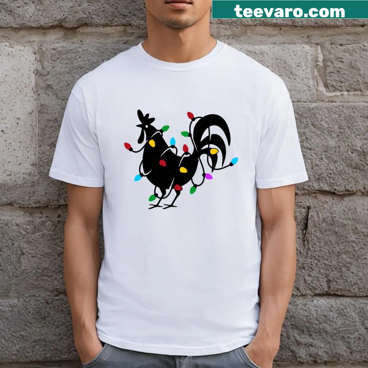 Cheerful rooster inside a Christmas bulb graphic — on a men's t-shirt