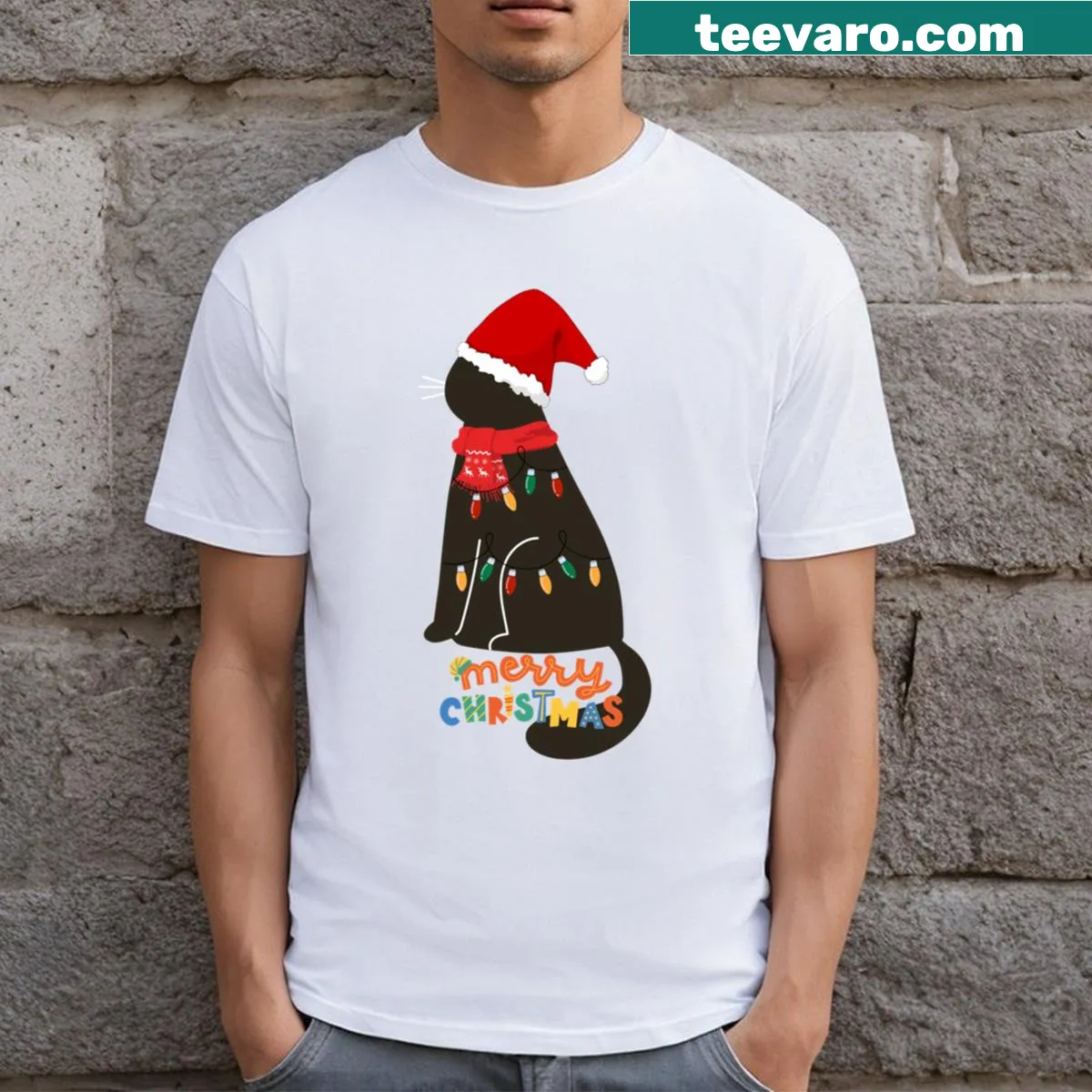 Festive Santa black cat t-shirt with Merry Christmas greeting — on a men's t-shirt