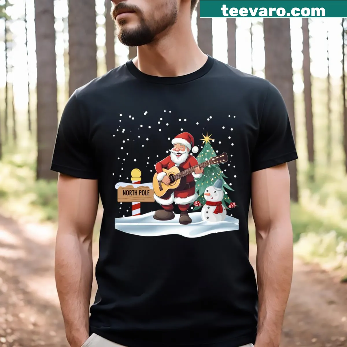 Playful t-shirt of Santa Claus playing guitar for Christmas — on a men's t-shirt