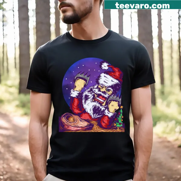 Funny Santa Eat Meat t-shirt with humorous text