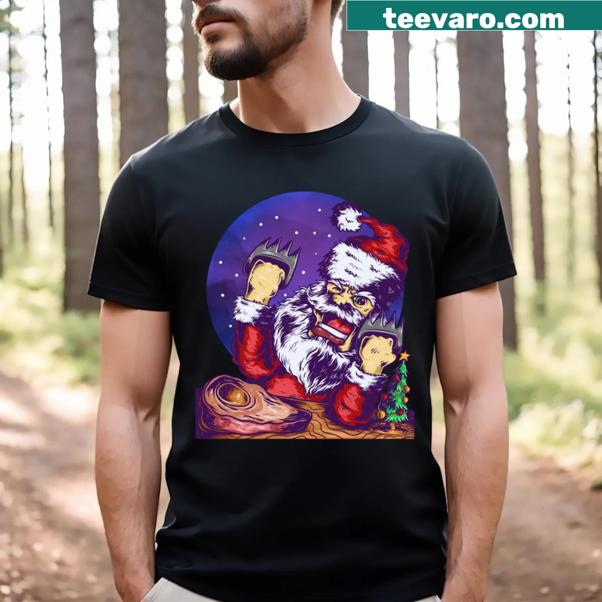 Funny Santa Eat Meat t-shirt with humorous text — on a men's t-shirt