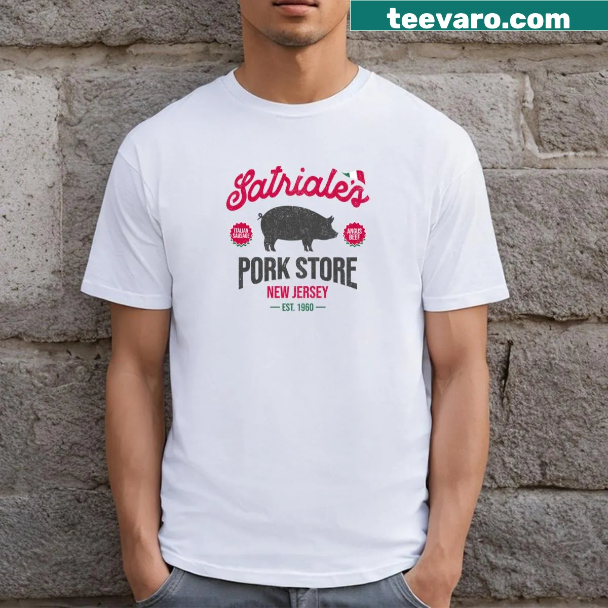 Vintage distressed Satriales Pork Store t-shirt — on a men's t-shirt