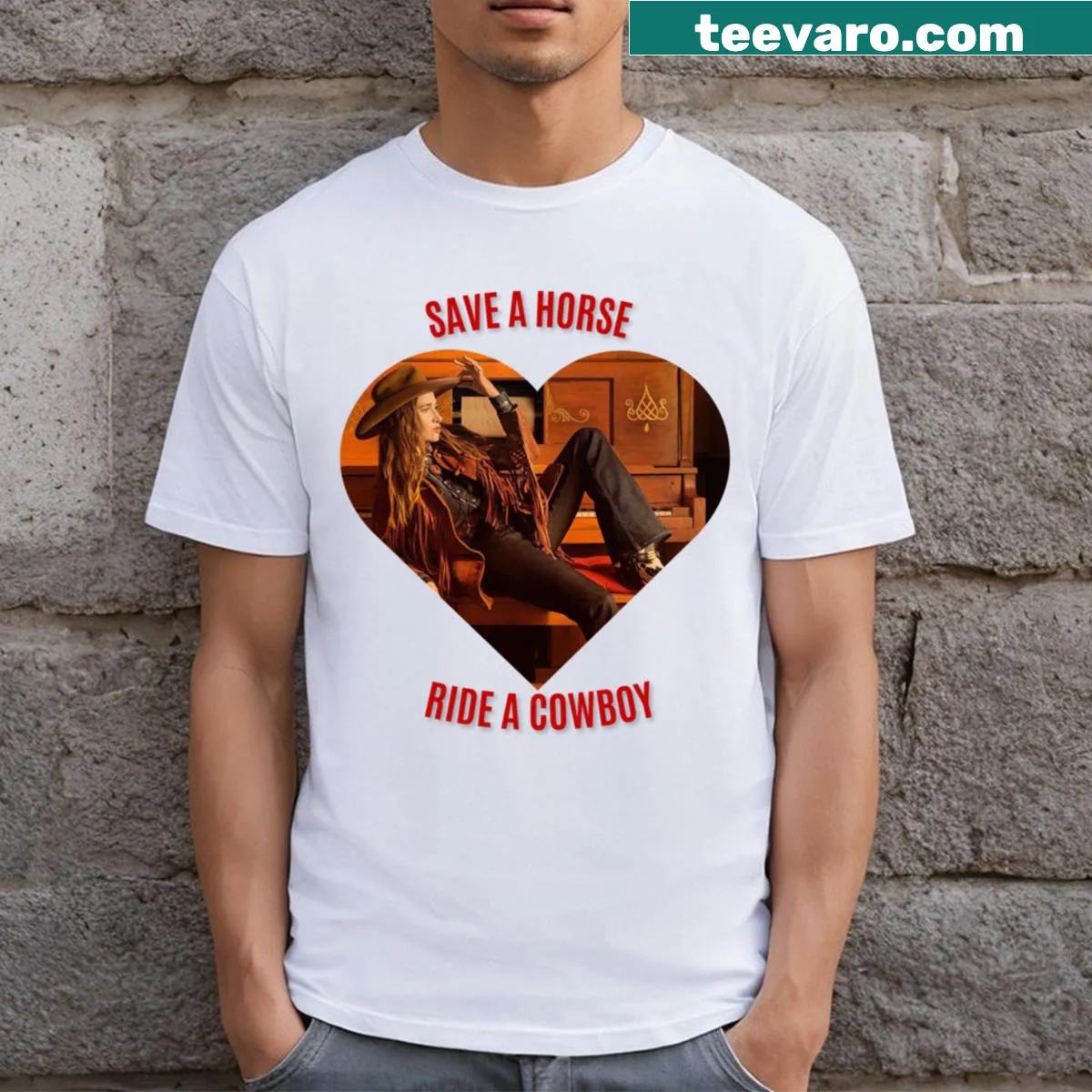 Typography design featuring 'Save A Horse Ride A Cowboy' text — on a men's t-shirt