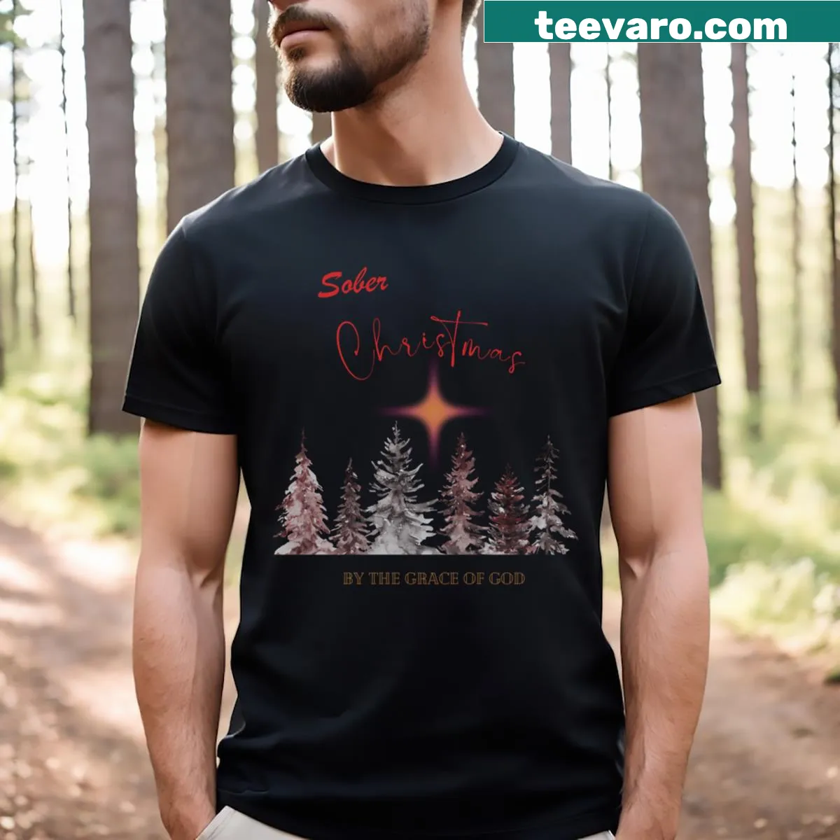 Meaningful T-shirt featuring the phrase 'Sober Christmas By The Grace Of God' — on a men's t-shirt