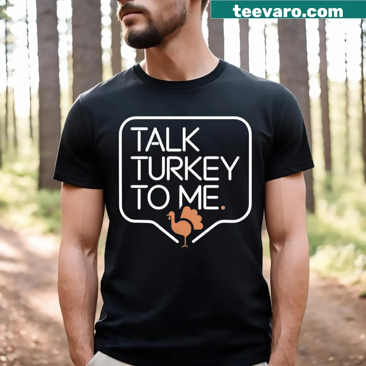 Thanksgiving t-shirt with humorous 'Talk Turkey To Me' text — on a men's t-shirt