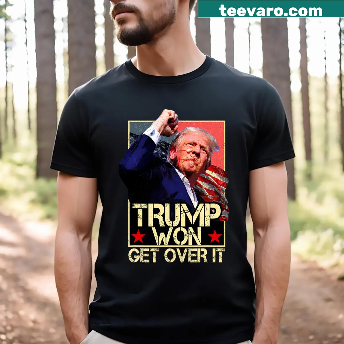 Retro distressed T-shirt with 'Trump Won, Get Over It' graphic — on a men's t-shirt