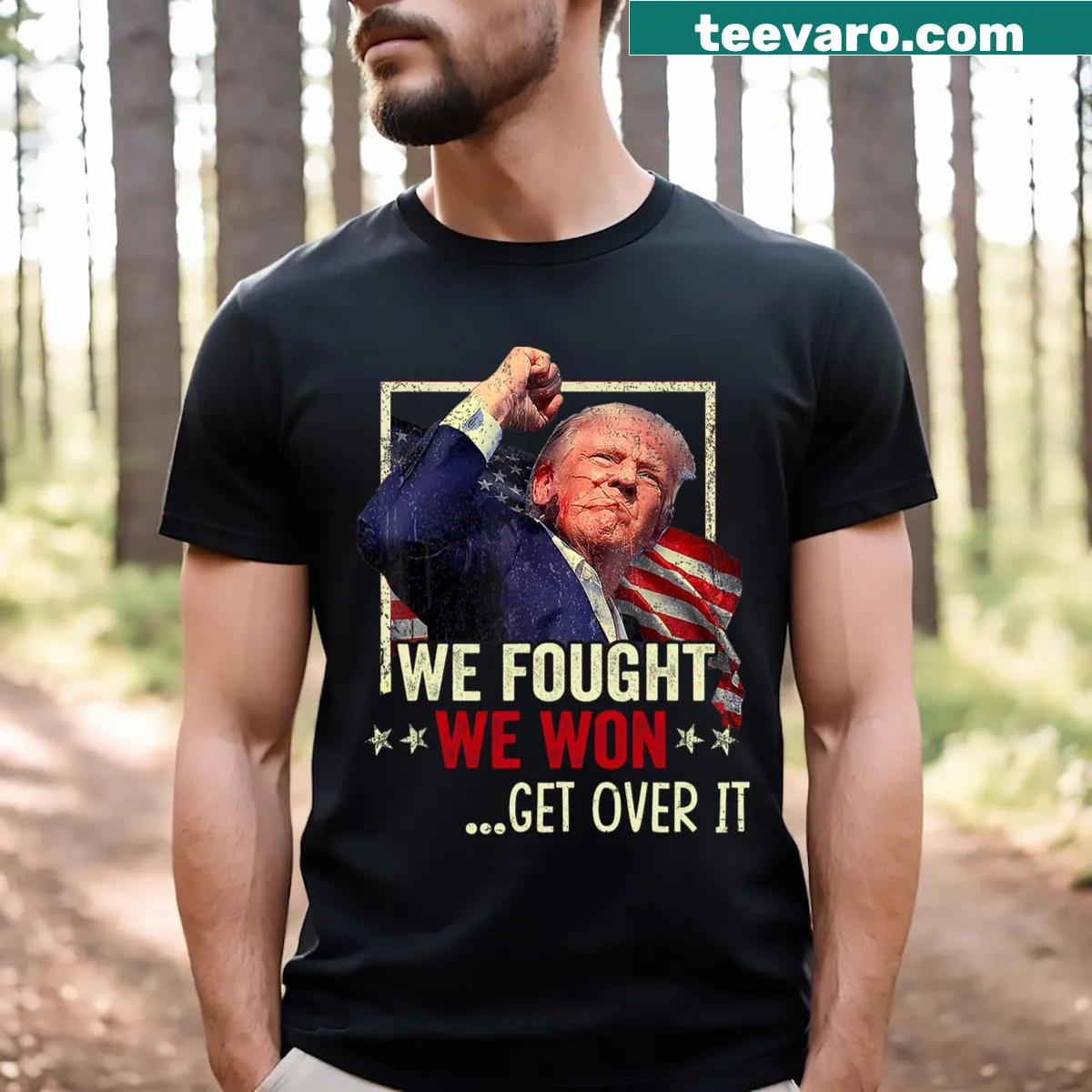 T-shirt with 'Trump Won, Get Over It' message and victory theme — on a men's t-shirt