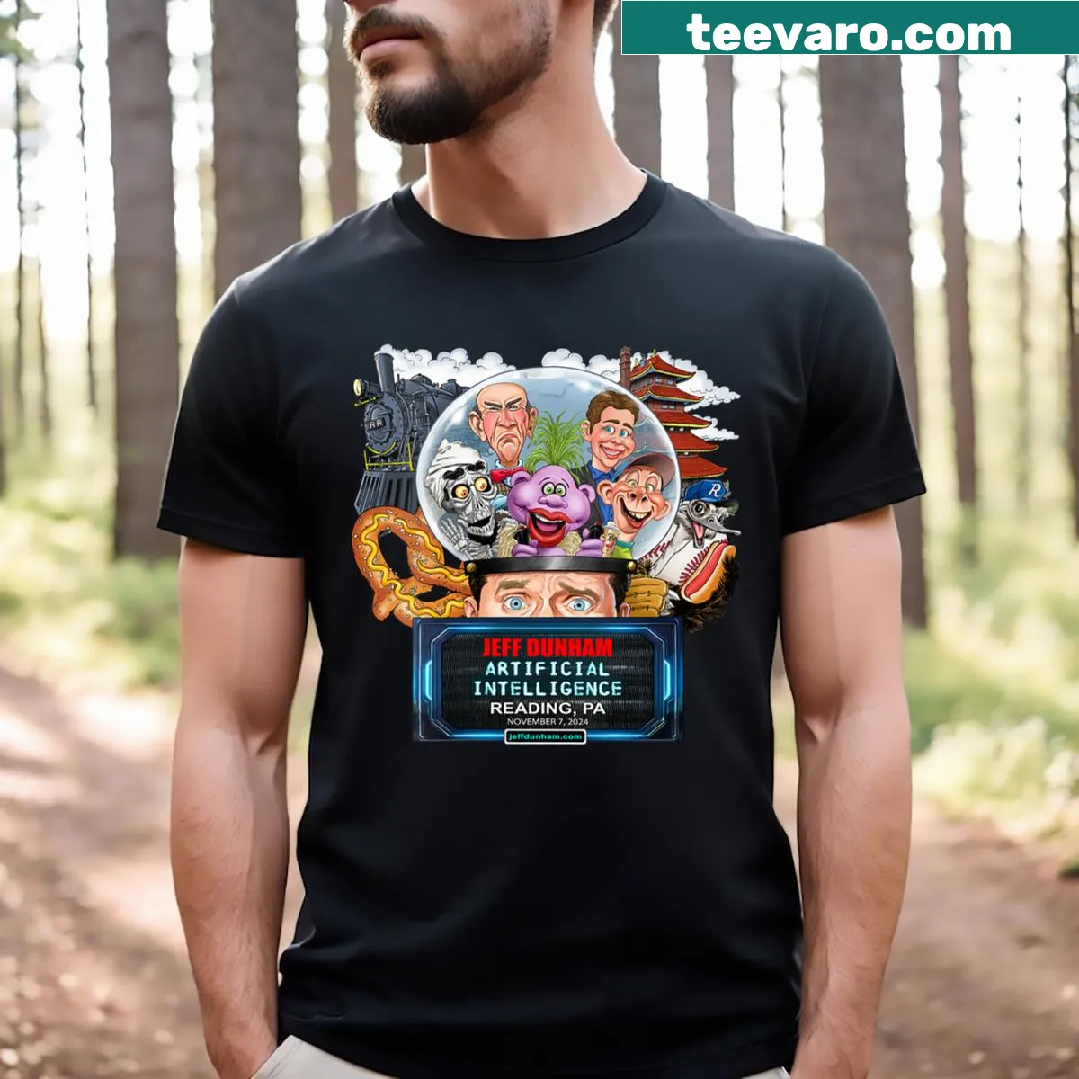 V-neck T-shirt for women featuring Jeff Dunham design — on a men's t-shirt